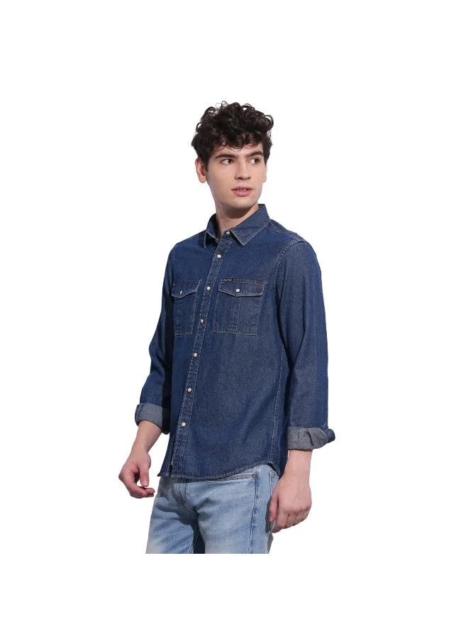 بيينغ هيومان Mens Mid Blue Collared Long Sleeve Shirt