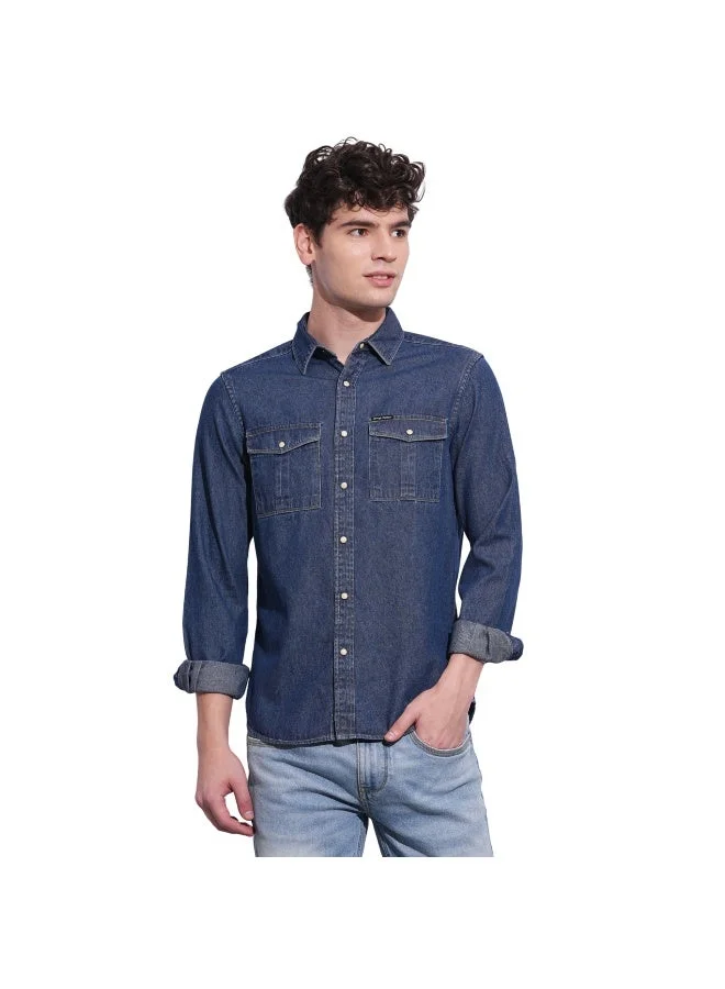 Being Human Mens Mid Blue Collared Long Sleeve Shirt