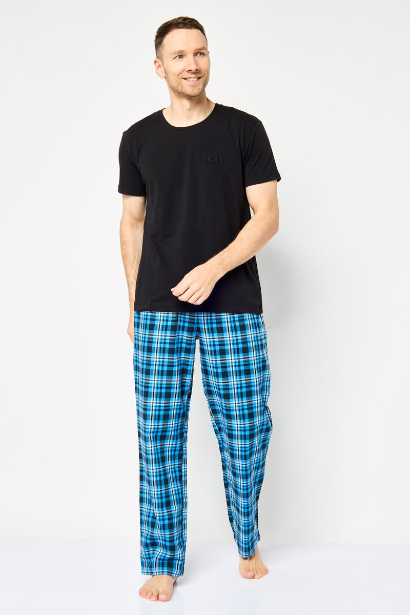 MOSCHINO Men 2 Pcs Embroidered Logo Short Sleeves Top And Plaid Pajama Set, Multicolor - Image 1