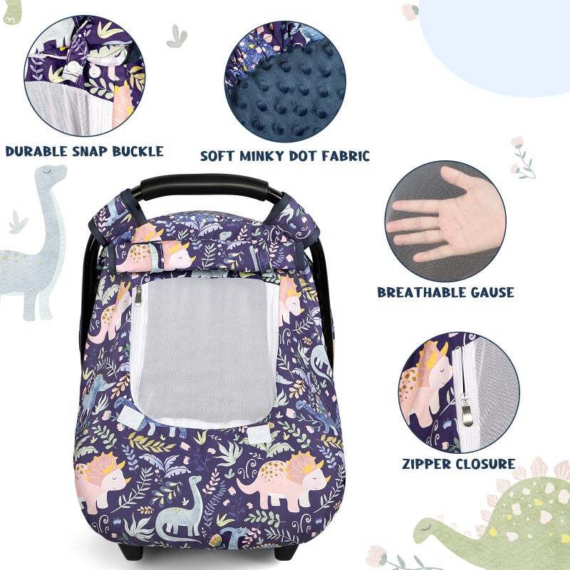 Pea Pod Car Seat Cover Baby, Infant Car Seat Canopy Covers for Newborn with 2 Layers Windows of Breathable Mesh Fabric, Lightweight Polyester/Soft Minky Dot Backing (Dinosaur) - Image 2