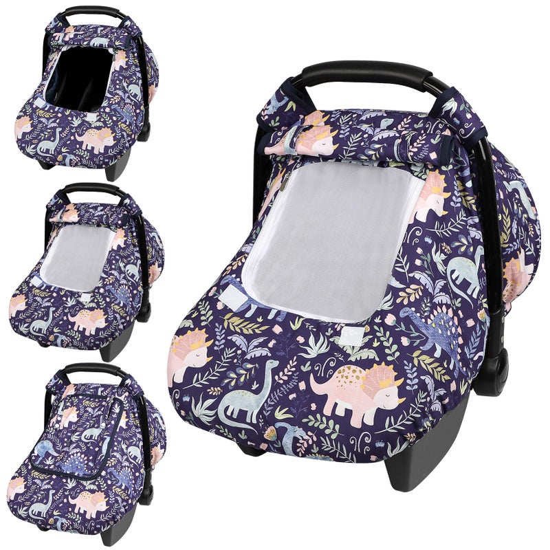 Pea Pod Car Seat Cover Baby, Infant Car Seat Canopy Covers for Newborn with 2 Layers Windows of Breathable Mesh Fabric, Lightweight Polyester/Soft Minky Dot Backing (Dinosaur) - Image 1