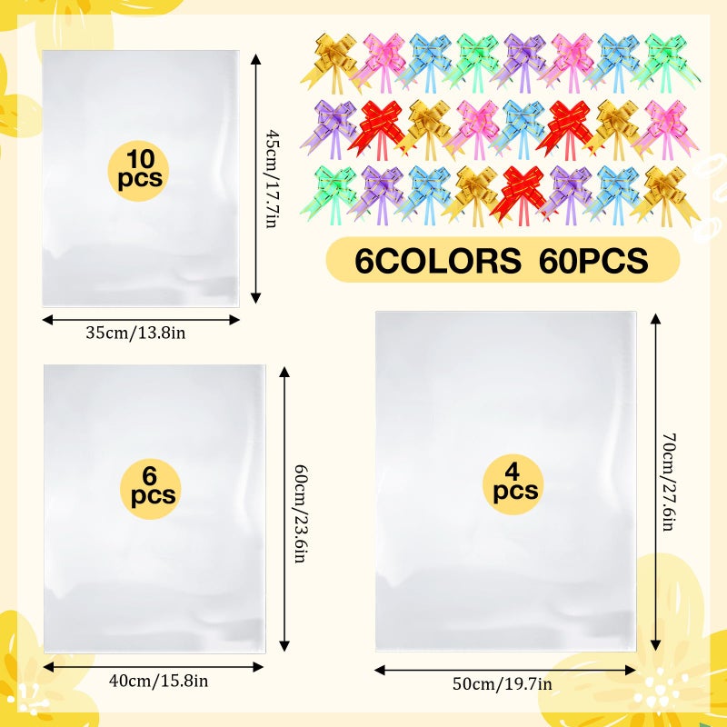 CHENGU 80 Pcs 3 Sizes Shrink Wrap Bags for Gift Baskets 20" x 28" 16" x 24" 14" x 18" Clear plastic Heat Shrink Cellophane Bags and 6 Color Pull Bows for easter Christmas Baskets Packaging - Image 2