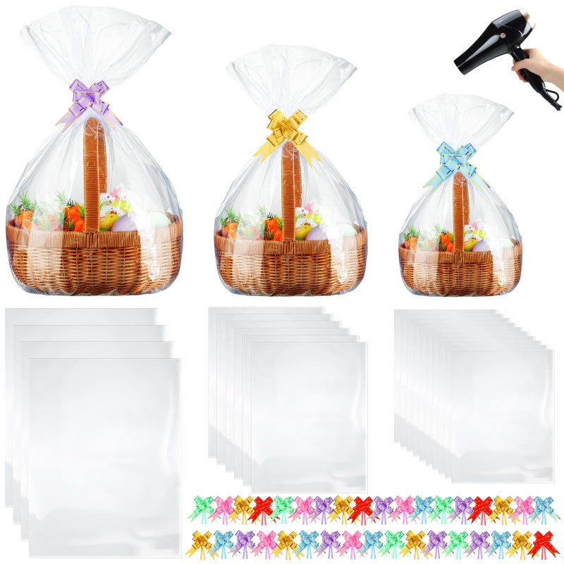 CHENGU 80 Pcs 3 Sizes Shrink Wrap Bags for Gift Baskets 20" x 28" 16" x 24" 14" x 18" Clear plastic Heat Shrink Cellophane Bags and 6 Color Pull Bows for easter Christmas Baskets Packaging - Image 1
