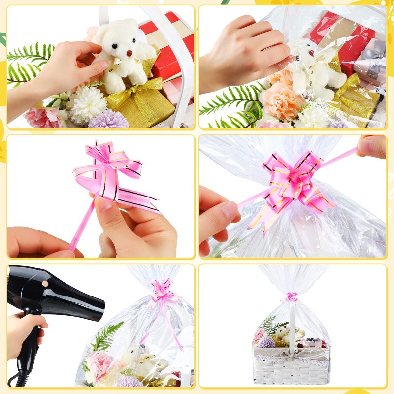 CHENGU 80 Pcs 3 Sizes Shrink Wrap Bags for Gift Baskets 20" x 28" 16" x 24" 14" x 18" Clear plastic Heat Shrink Cellophane Bags and 6 Color Pull Bows for easter Christmas Baskets Packaging - Image 3