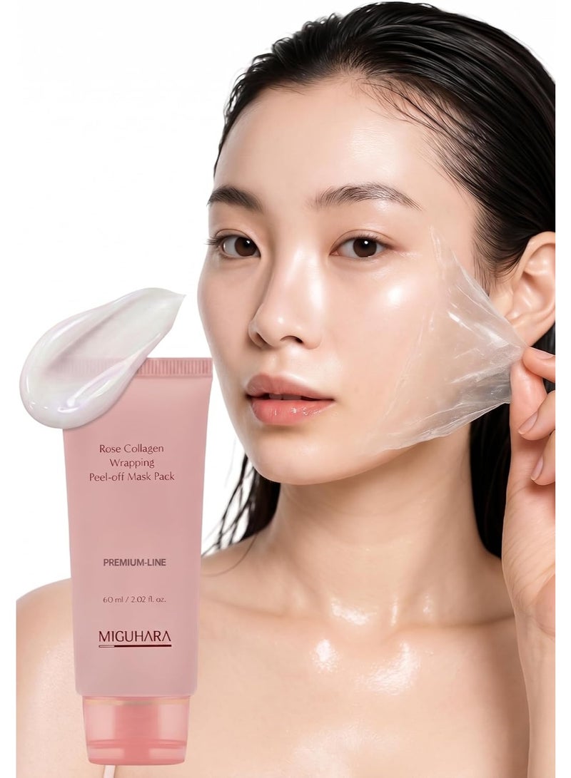MIGUHARA Collagen Rose Wrapping Peel Off Mask | Pore Minimizer & Glass Skin Glow | Vegan Korean Face Mask with French Rosa Centifolia Flower Extract, Firming & Dullness Care, 2.02 fl.oz