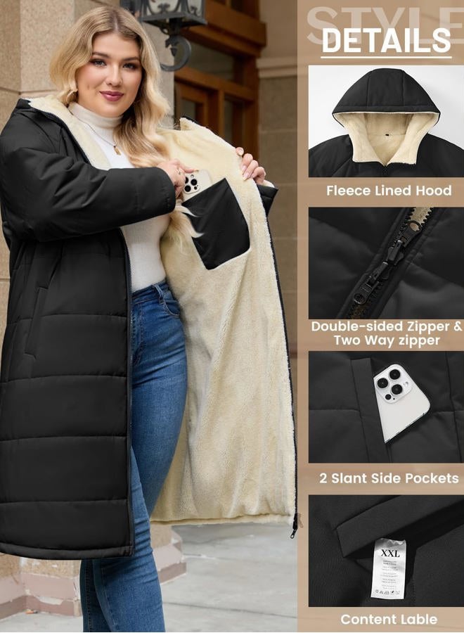 Yusongirl Women Plus Size Winter Coat Mid Length Hoody with Zip Up Fleece, Stylish Windproof Ribbed Cuffs, Warm Sherpa Lining, Black, XL Plus - Image 2
