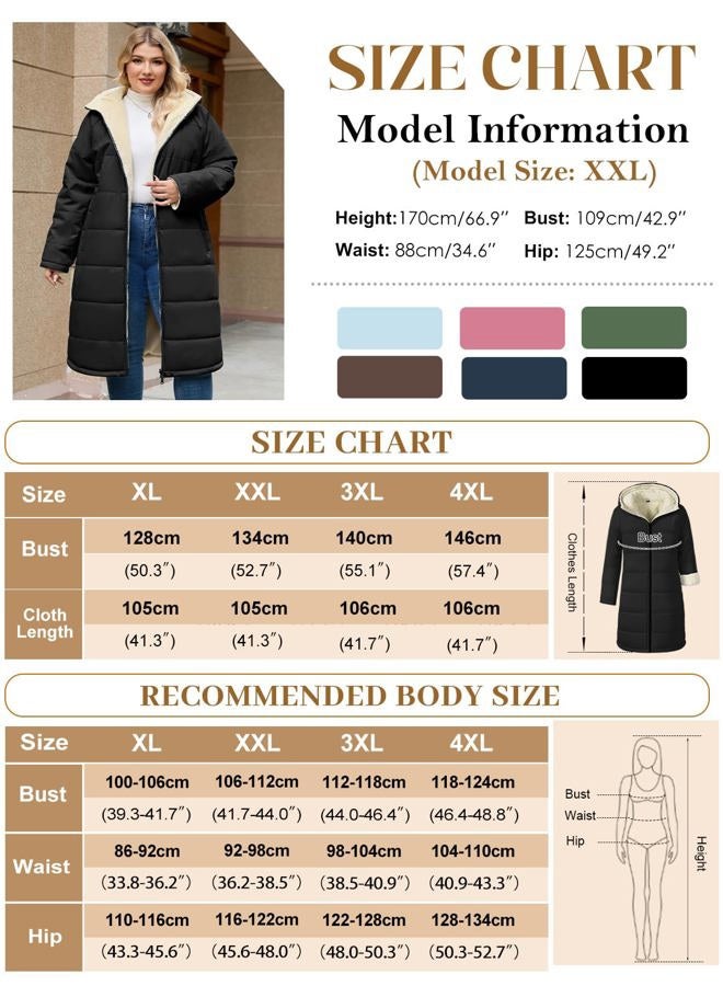 Yusongirl Women Plus Size Winter Coat Mid Length Hoody with Zip Up Fleece, Stylish Windproof Ribbed Cuffs, Warm Sherpa Lining, Black, XL Plus - Image 4