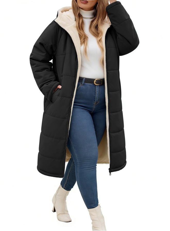 Yusongirl Women Plus Size Winter Coat Mid Length Hoody with Zip Up Fleece, Stylish Windproof Ribbed Cuffs, Warm Sherpa Lining, Black, XL Plus - Image 1