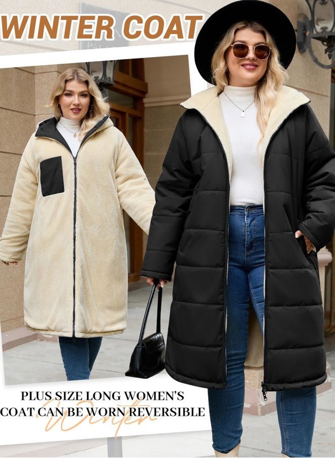 Yusongirl Women Plus Size Winter Coat Mid Length Hoody with Zip Up Fleece, Stylish Windproof Ribbed Cuffs, Warm Sherpa Lining, Black, XL Plus - Image 3