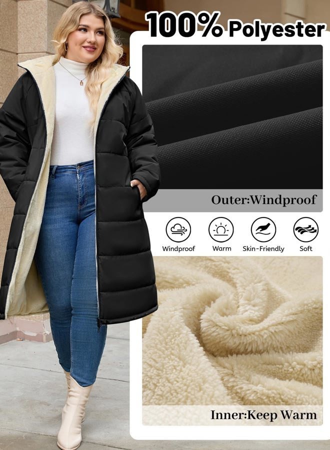 Yusongirl Women Plus Size Winter Coat Mid Length Hoody with Zip Up Fleece, Stylish Windproof Ribbed Cuffs, Warm Sherpa Lining, Black, XL Plus - Image 5