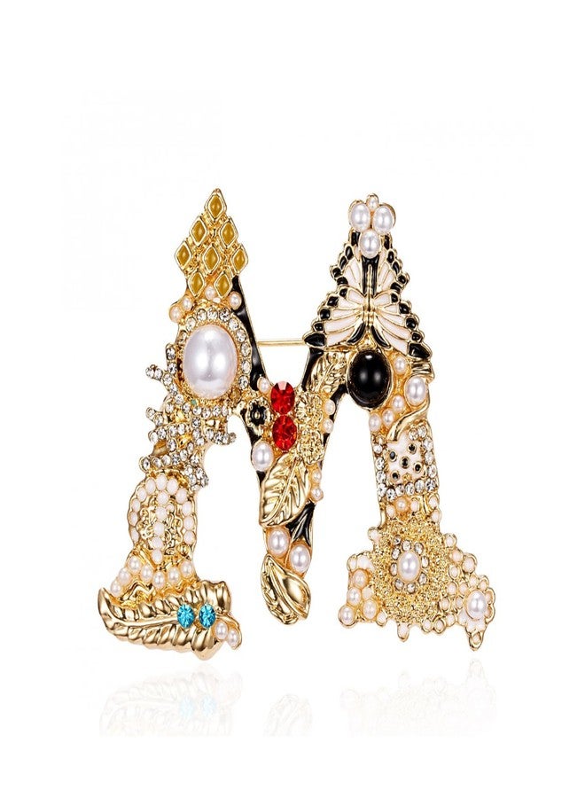 RINHOO Crystal Pearl Initial Brooch Gold Plated Enamel Colorful Letter Alphabet Breastpin Pin Jewelry for GIFTS (Letter -M) - Image 1