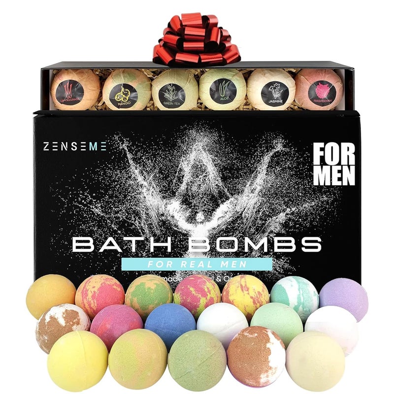 Bath Bombs for Men Gift Set of 18 Scented Organic Handmade Bath Bombs of 25 oz with Natural Essential Oils Perfect for Boyfriend Husband Father or Friend by ZenseMe