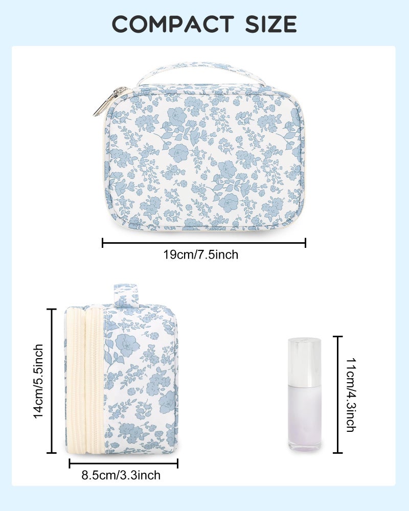 Relavel Travel Makeup Bag, Mini Floral Cosmetic Bag with 2 Makeup Brush Holders, Portable Makeup Pouch for Women, Cute Toiletry Bag with Double Layer Organizer, Blue Flower-Smaller - Image 2