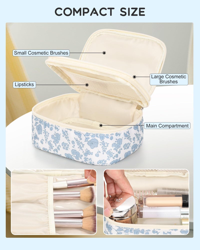 Relavel Travel Makeup Bag, Mini Floral Cosmetic Bag with 2 Makeup Brush Holders, Portable Makeup Pouch for Women, Cute Toiletry Bag with Double Layer Organizer, Blue Flower-Smaller - Image 3