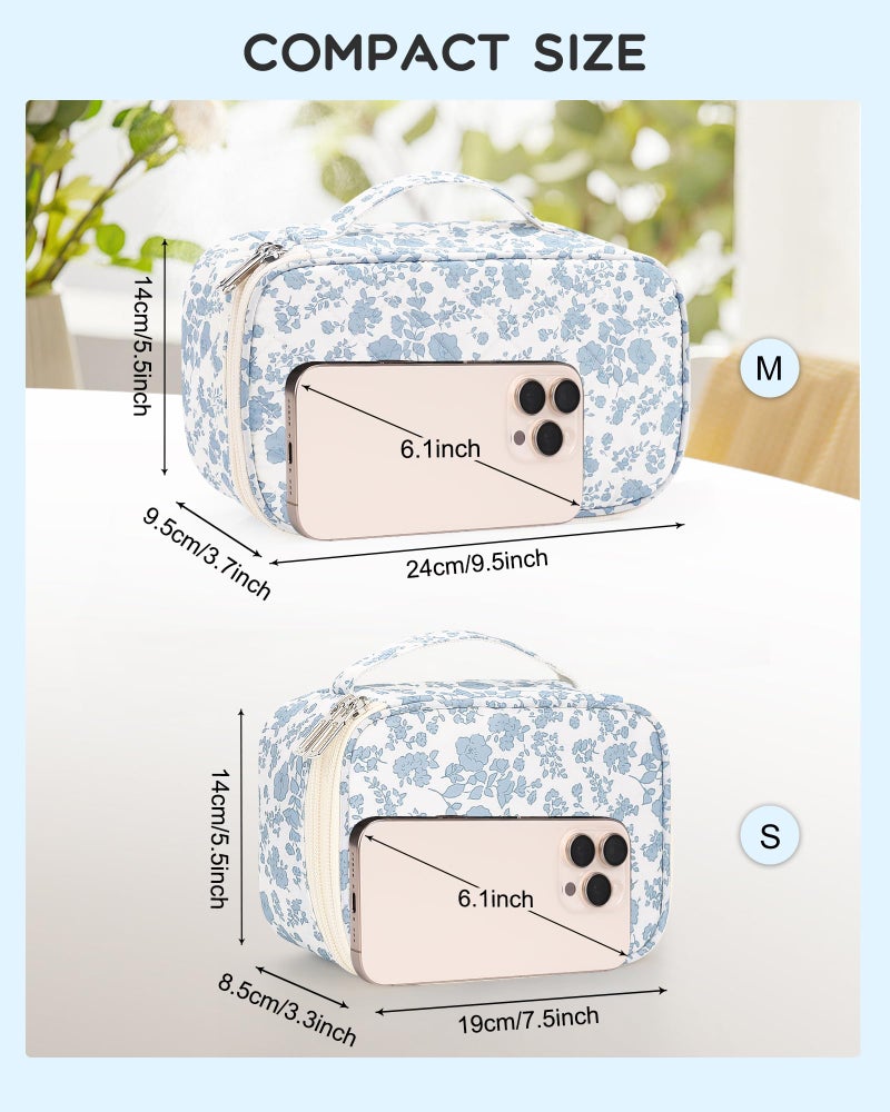 Relavel Travel Makeup Bag, Mini Floral Cosmetic Bag with 2 Makeup Brush Holders, Portable Makeup Pouch for Women, Cute Toiletry Bag with Double Layer Organizer, Blue Flower-Smaller - Image 5
