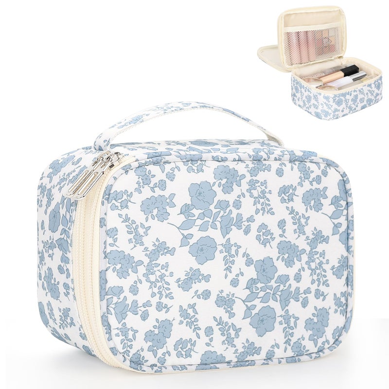 Relavel Travel Makeup Bag, Mini Floral Cosmetic Bag with 2 Makeup Brush Holders, Portable Makeup Pouch for Women, Cute Toiletry Bag with Double Layer Organizer, Blue Flower-Smaller - Image 1