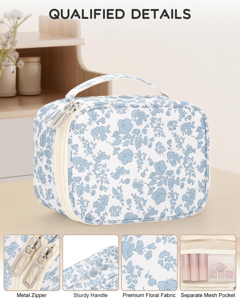 Relavel Travel Makeup Bag, Mini Floral Cosmetic Bag with 2 Makeup Brush Holders, Portable Makeup Pouch for Women, Cute Toiletry Bag with Double Layer Organizer, Blue Flower-Smaller - Image 4