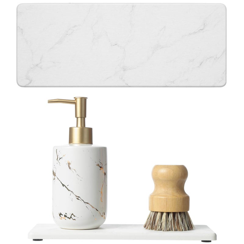 Razborci 2PCS Water Absorbing Stone Drying Tray for Kitchen Counter, Diatomite Mat Vanity Caddy for Bathroom Sink, Faucet Splash Guard,Soap Dispenser Rack Sponge Holder Organizer, Marble White, 9"x3.5" - Image 1