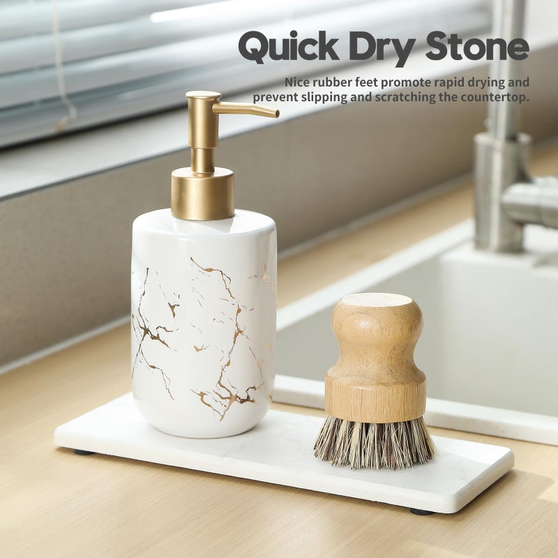Razborci 2PCS Water Absorbing Stone Drying Tray for Kitchen Counter, Diatomite Mat Vanity Caddy for Bathroom Sink, Faucet Splash Guard,Soap Dispenser Rack Sponge Holder Organizer, Marble White, 9"x3.5" - Image 4