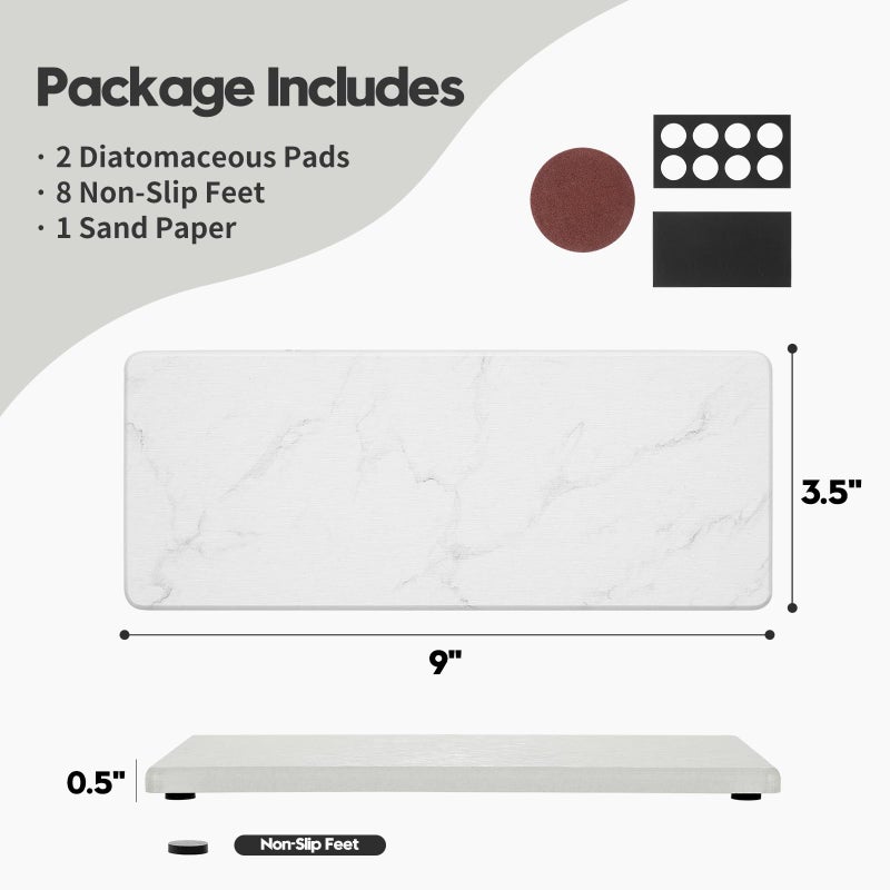 Razborci 2PCS Water Absorbing Stone Drying Tray for Kitchen Counter, Diatomite Mat Vanity Caddy for Bathroom Sink, Faucet Splash Guard,Soap Dispenser Rack Sponge Holder Organizer, Marble White, 9"x3.5" - Image 5