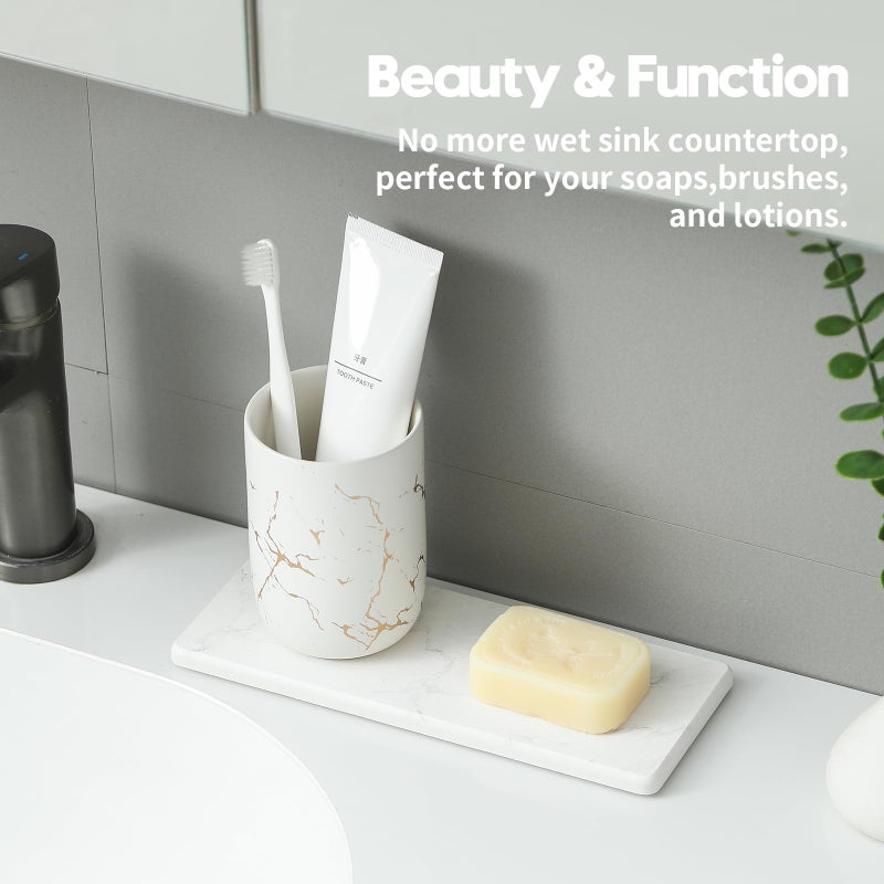 Razborci 2PCS Water Absorbing Stone Drying Tray for Kitchen Counter, Diatomite Mat Vanity Caddy for Bathroom Sink, Faucet Splash Guard,Soap Dispenser Rack Sponge Holder Organizer, Marble White, 9"x3.5" - Image 2