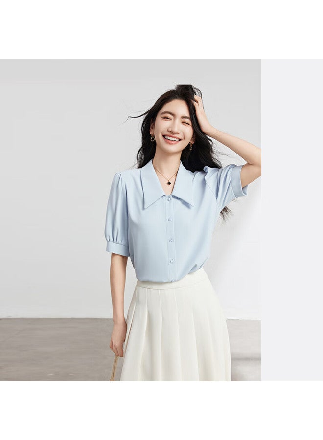 Lady Bird Miss Bird Blue Short Sleeve Shirt Women's Small Stature Inner Wear Professional Formal Wear Teaching Qualification Snow Chiffon Shirt - Image 1