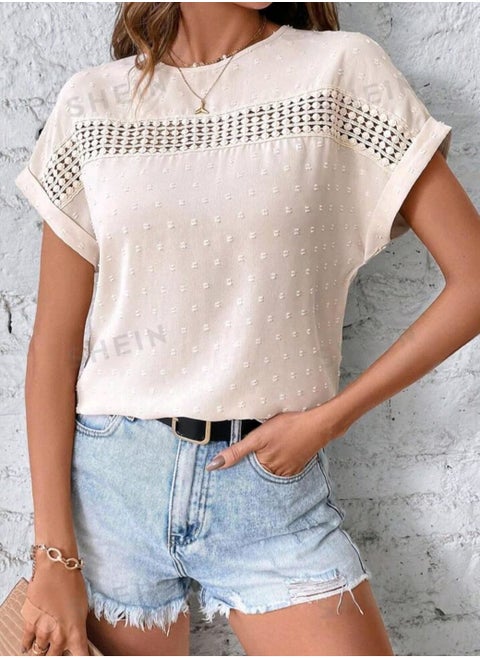SHEIN LUNE Women's Patchwork Lace Dolman Short Sleeve Shirt