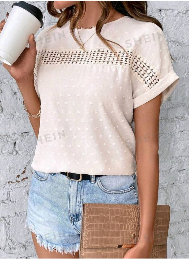 Shein - SHEIN LUNE Women's Patchwork Lace Dolman Short Sleeve Shirt - Image 1
