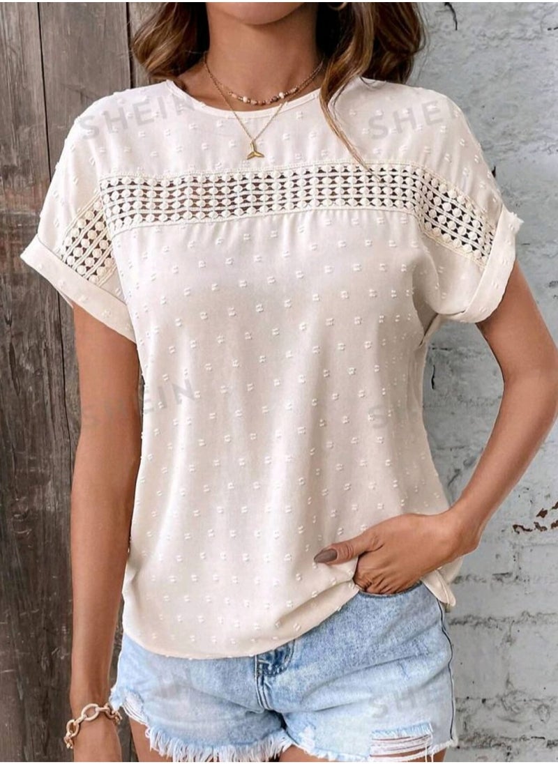 Shein - SHEIN LUNE Women's Patchwork Lace Dolman Short Sleeve Shirt - Image 1