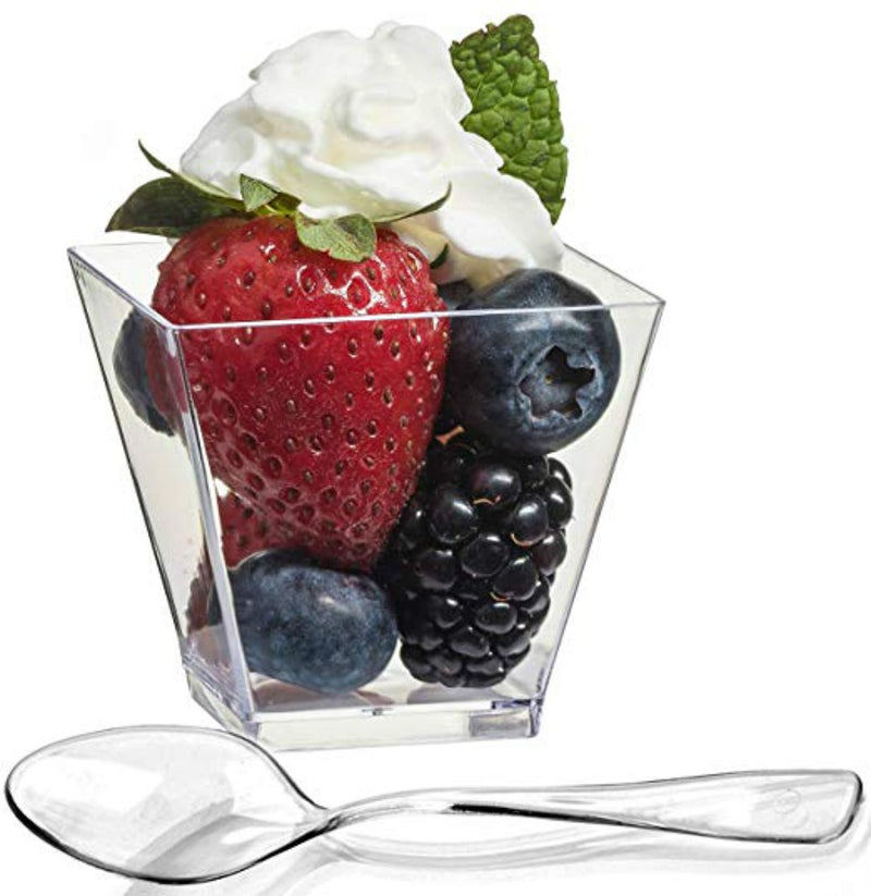 zappy 100 Square Mini Dessert Cups 2oz Clear Tasting Sample Shot Glasses Dessert Cups  Spoons Disposable Plastic Appetizer Bowls Mini Parfait Cups Small Tumblers Tasting Glasses Dessert Shooters