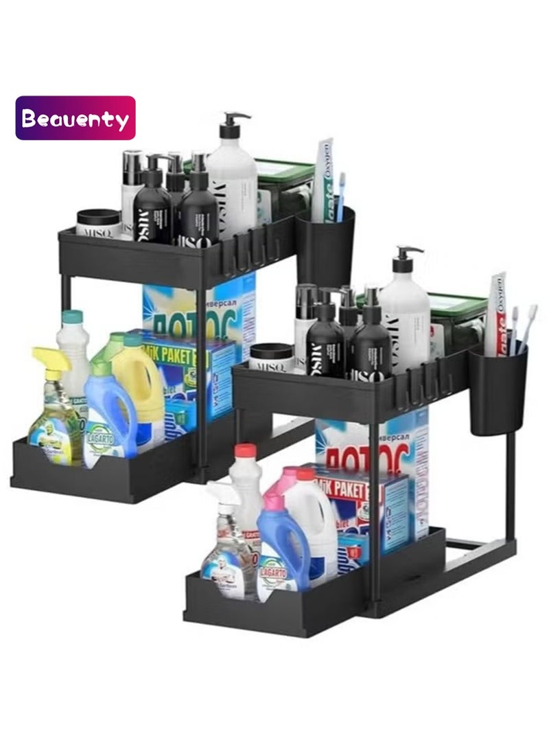 Beauenty 2pcs Storage Racks Pull-Type Double-Layer Kitchen Storage Rack,Under Sink Organizer,Double Sliding Under Bathroom Cabinet Organization, Kitchen Storage with Hooks,15.6 * 8.6 * 13.2cm,Black - Image 1