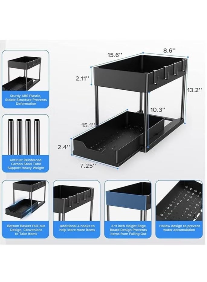 Beauenty 2pcs Storage Racks Pull-Type Double-Layer Kitchen Storage Rack,Under Sink Organizer,Double Sliding Under Bathroom Cabinet Organization, Kitchen Storage with Hooks,15.6 * 8.6 * 13.2cm,Black - Image 4