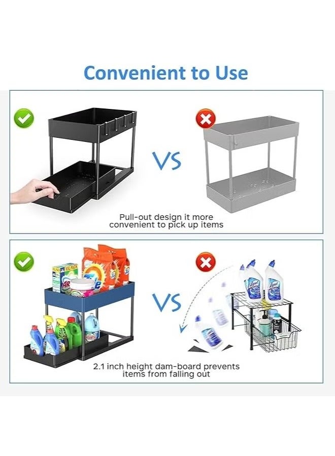 Beauenty 2pcs Storage Racks Pull-Type Double-Layer Kitchen Storage Rack,Under Sink Organizer,Double Sliding Under Bathroom Cabinet Organization, Kitchen Storage with Hooks,15.6 * 8.6 * 13.2cm,Black - Image 3