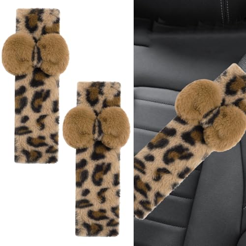 YoRise 2PCS Brown Leopard Print Car Seat Belt Cover Soft Fluff Auto Seat Shoulder Strap Pad Comfortable Vehicle Interior Seatbelt Protector Cushion Accessories for Truck SUV AirplaneLeopard - Image 1