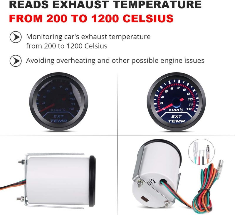 WATERWICH EGT Exhaust Gas Temperature Gauge 200-1200°C Pyrometer Kit 2-1/16" (52mm) with Electronic Sensor - Image 2