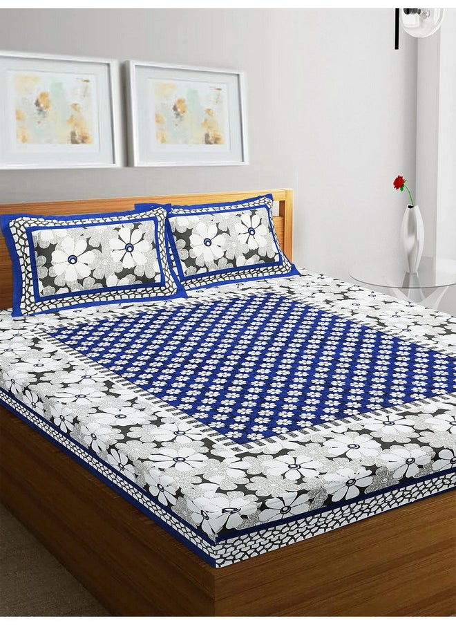 RajasthaniKart RajasthaniKart® Pure 100% Cotton Double Bed Sheet with 2 Pillow Covers (Bedsheet for Double Bed Cotton, Blue,Floral)  - Image 2