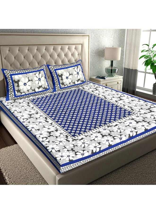 RajasthaniKart RajasthaniKart® Pure 100% Cotton Double Bed Sheet with 2 Pillow Covers (Bedsheet for Double Bed Cotton, Blue,Floral)  - Image 1