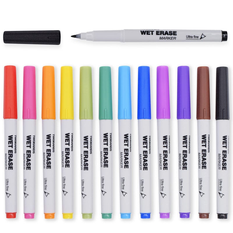 TWOHANDS Wet Erase Markers Ultra Fine Tip,0.7mm,Low Odor,Extra Fine Point,12 Assorted Colors,Whiteboard Markers for Office,Home,or Planning Dry Erase Board,20703 - Image 1