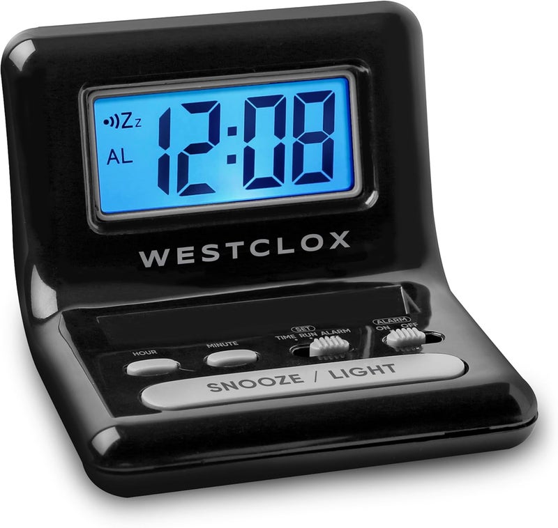 Westclox ساعة منبه رقمية LCD من ويستكلوكس مع شاشة مضاءة باللون الأزرق ووظيفة الغفوة تعمل بالبطارية باللون الأسود 3 إنش - Image 1