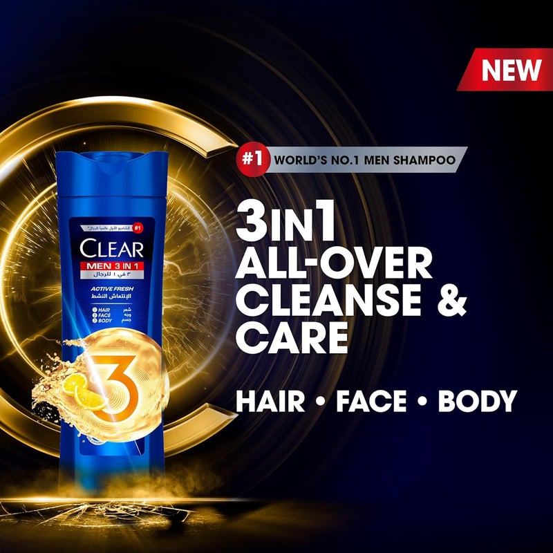 Clear Men 3 in 1 Anti-Dandruff Shampoo - Hair, Face & Body, Active Fresh, 600 ml - Image 3