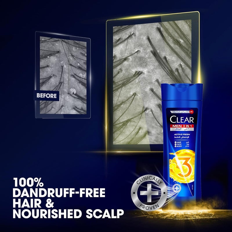 Clear Men 3 in 1 Anti-Dandruff Shampoo - Hair, Face & Body, Active Fresh, 600 ml - Image 5