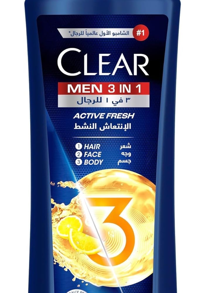 Clear Men 3 in 1 Anti-Dandruff Shampoo - Hair, Face & Body, Active Fresh, 600 ml - Image 1