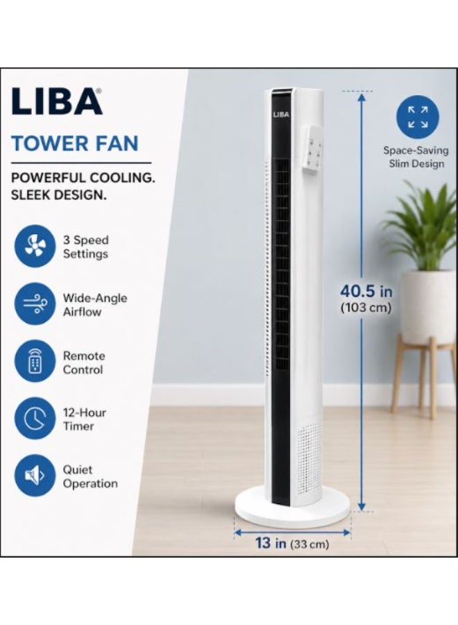 LIba Tower Fan with Warranty, 3 Speed Levels, Remote Control included, 12H Timer, Quiet Bladeless Fan for Home, Bedroom, Office, Slim Standing Fan - Image 3