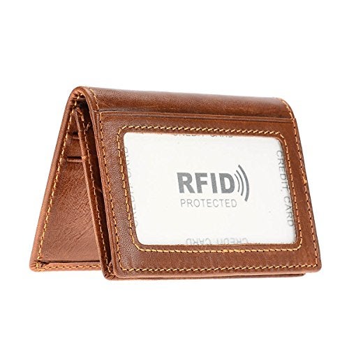 HAWEE Men’s Bifold Front Pocket Wallet Genuine Leather RFID Blocking Card Billfold 5 Slots with Cash Compartment, Brown - Image 1