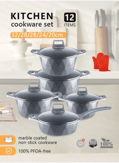 HK 12-Piece Kitchen Cookware set, Casserole Set And Frying Pan With Non Stick Cookware sets ,Finish Glass lid PFOA-Free  20-24-28-32 cm (Deep Stockpot) + 28 cm (deep Frying Pan)+ Pair Of Gloves（Grey）  - Image 1