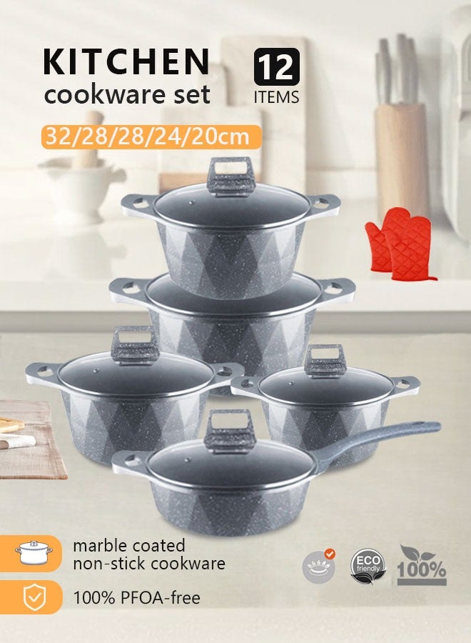 HK 12-Piece Kitchen Cookware set, Casserole Set And Frying Pan With Non Stick Cookware sets ,Finish Glass lid PFOA-Free  20-24-28-32 cm (Deep Stockpot) + 28 cm (deep Frying Pan)+ Pair Of Gloves（Grey） - Image 1
