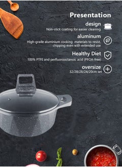 HK 12-Piece Kitchen Cookware set, Casserole Set And Frying Pan With Non Stick Cookware sets ,Finish Glass lid PFOA-Free  20-24-28-32 cm (Deep Stockpot) + 28 cm (deep Frying Pan)+ Pair Of Gloves（Grey）  - Image 2