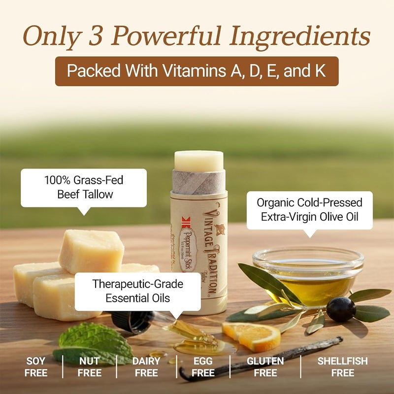 Moisturizing Beef Tallow Lip Balm – Tube Lip Moisturizer with Peppermint Essential Oil Hydrates & Soothes Dry Lips – Grass-Fed Tallow Balm for Skin Care by , 0.5 Fl. Oz. - Image 3