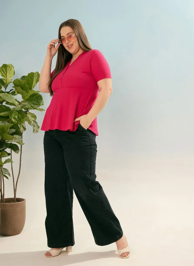 ساسافراس Fuchsia V-Neck Plus Size Empire Top for Women