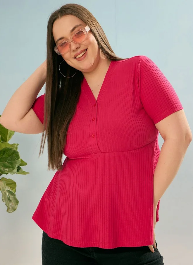 ساسافراس Fuchsia V-Neck Plus Size Empire Top for Women